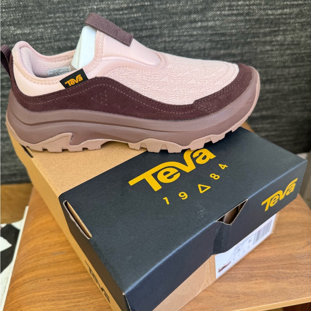 Teva Pink and Brown Daybreaker Slip-Ons